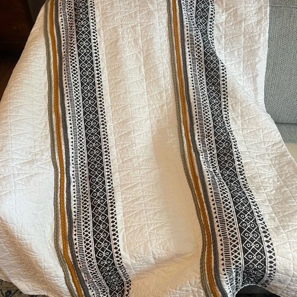 Boho White and Black Quilt Set with gold and green accents